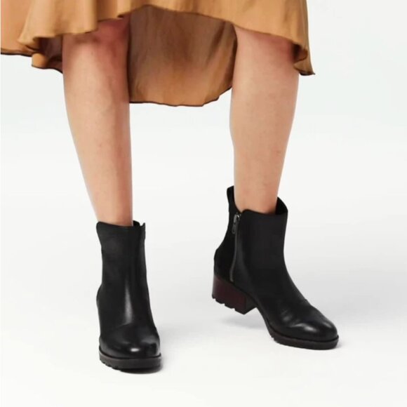 Sorel Cate Waterproof Leather Suede Bootie, Size 7.5, Black, Side Zip Block Heel - Picture 2 of 7